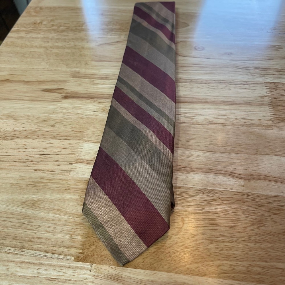 VTG Briar Men's Handcrafted Silk Tie Burgundy Gold Green Stripe Logan's‎ KY